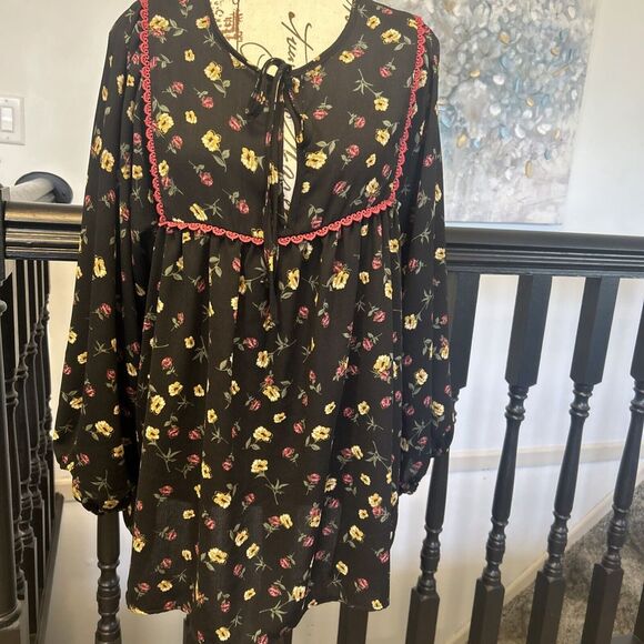 iRE Fashion Tops - CY Fashion M Womens Floral Peasant Boho Blouse Womans Top Flowy Black XL